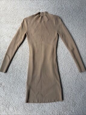 Kith Ribbed Mock Neck Long Sleeve Dress in Tan